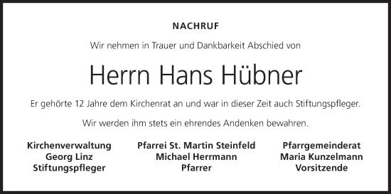 Anzeige von Hans Hübner von MGO