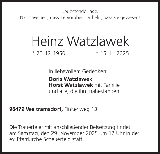Anzeige von Heinz Watzlawek von MGO