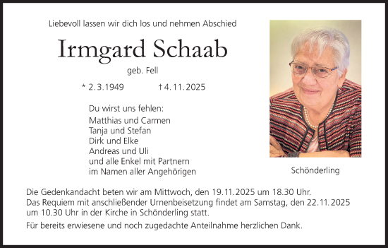 Anzeige von Irmgard Schaab von MGO