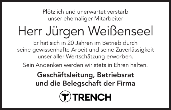 Anzeige von Jürgen Weißenseel von MGO