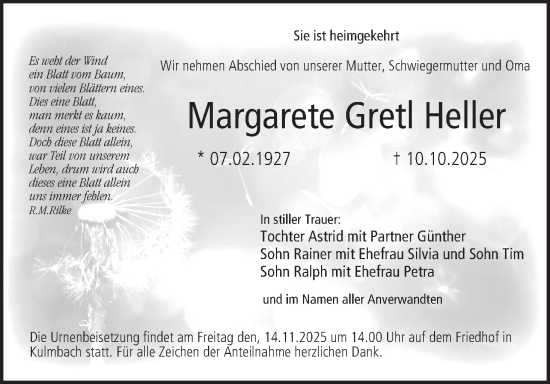 Anzeige von Margarete Gretl Heller von MGO
