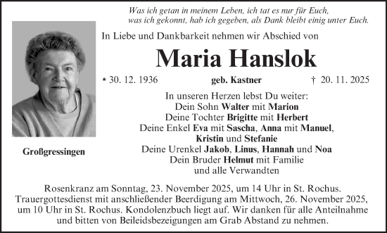Anzeige von Maria Hanslok von MGO