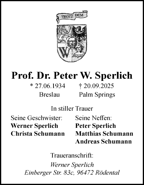 Anzeige von Peter W. Sperlich von MGO