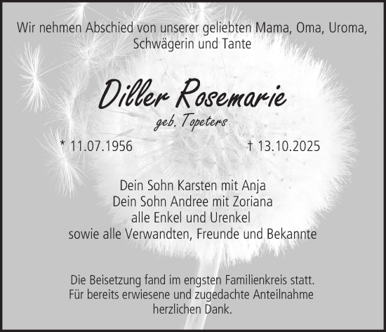Anzeige von Rosemarie Diller von MGO