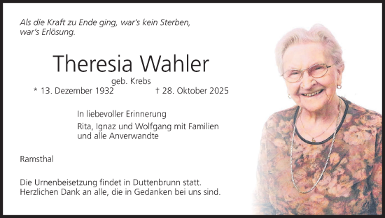 Anzeige von Theresia Wahler von MGO