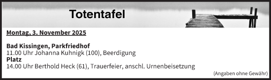 Anzeige von Totentafel vom 03.11.2025 von MGO