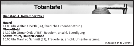 Anzeige von Totentafel vom 04.11.2025 von MGO