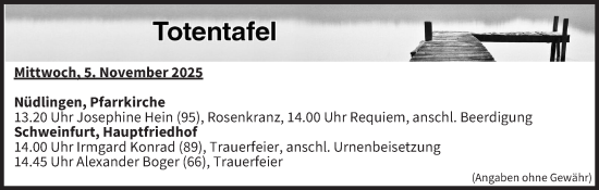 Anzeige von Totentafel vom 05.11.2025 von MGO