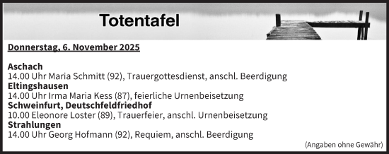 Anzeige von Totentafel vom 06.11.2025 von MGO