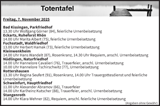 Anzeige von Totentafel vom 07.11.2025 von MGO