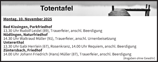 Anzeige von Totentafel vom 10.11.2025 von MGO
