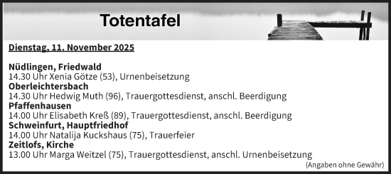 Anzeige von Totentafel vom 11.11.2025 von MGO