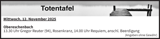 Anzeige von Totentafel vom 12.11.2025 von MGO