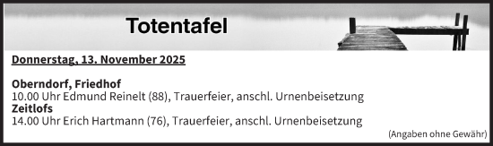 Anzeige von Totentafel vom 13.11.2025 von MGO