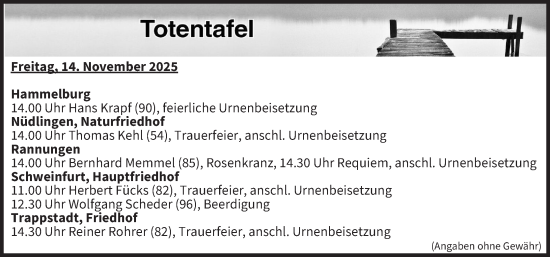 Anzeige von Totentafel vom 14.11.2025 von MGO