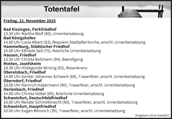 Anzeige von Totentafel vom 21.11.2025 von MGO