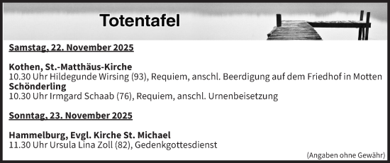 Anzeige von Totentafel vom 22.11.2025 von MGO
