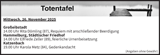 Anzeige von Totentafel vom 26.11.2025 von MGO
