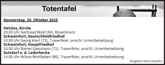 Anzeige von Totentafel vom 30.10.2025 von MGO