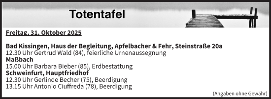 Anzeige von Totentafel vom 31.10.2025 von MGO