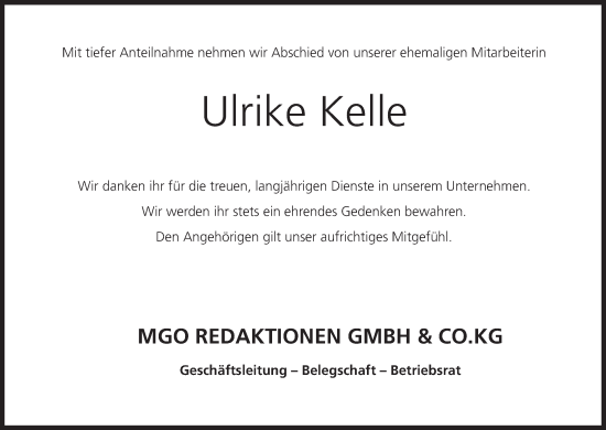 Anzeige von Ulrike Kelle von MGO