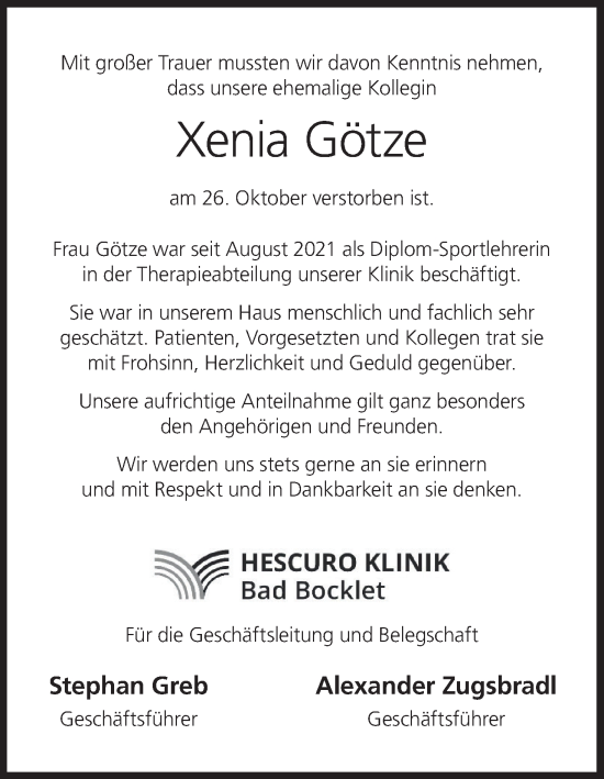 Anzeige von Xenia Götze von MGO