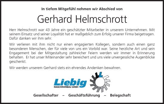 Anzeige von Gerhard Helmschrott von MGO