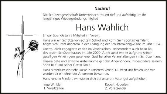 Anzeige von Hans Wahlich von MGO