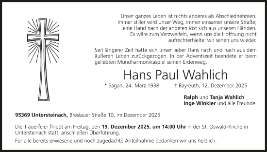 Anzeige von Hans Paul Wahlich von MGO