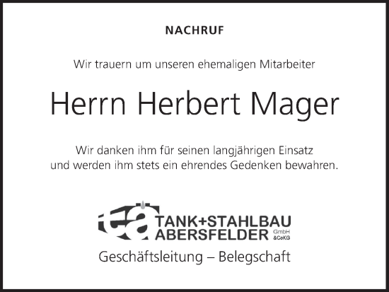 Anzeige von Herbert Mager von MGO