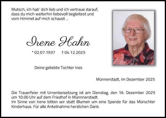 Anzeige von Irene Hahn von MGO