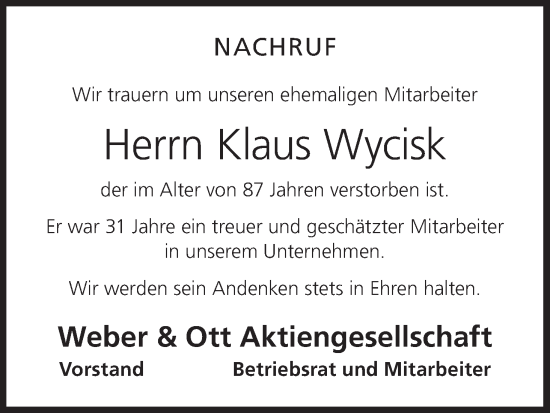 Anzeige von Klaus Wycisk von MGO