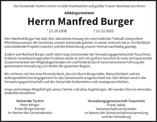 Anzeige von Manfred Burger von MGO