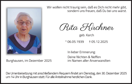 Anzeige von Rita Kirchner von MGO