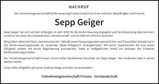 Anzeige von Sepp Geiger von MGO
