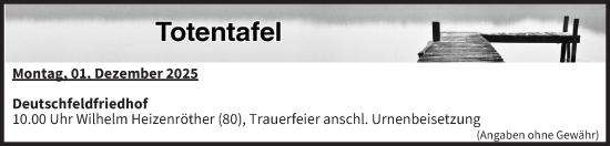 Anzeige von Totentafel vom 01.12.2025 von MGO