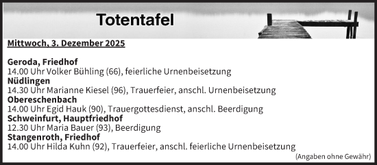 Anzeige von Totentafel vom 03.12.2025 von MGO