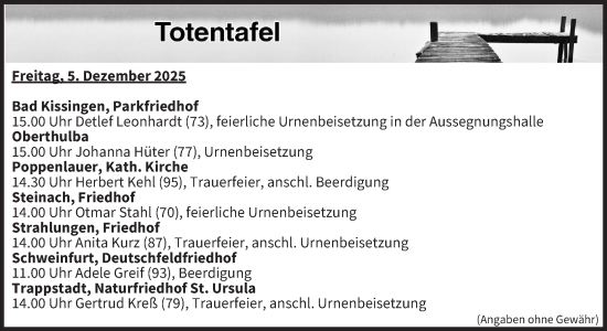 Anzeige von Totentafel vom 05.12.2025 von MGO