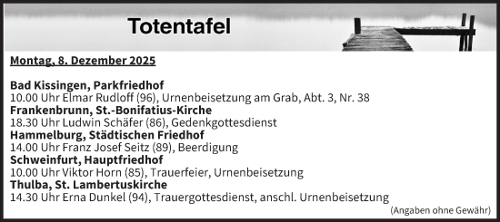 Anzeige von Totentafel vom 08.12.2025 von MGO
