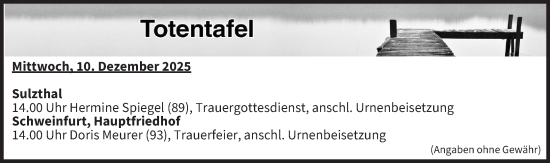 Anzeige von Totentafel vom 10.12.2025 von MGO