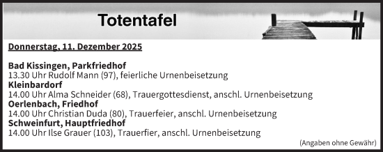 Anzeige von Totentafel vom 11.12.2025 von MGO