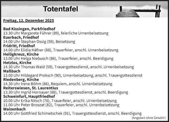 Anzeige von Totentafel vom 12.12.2025 von MGO