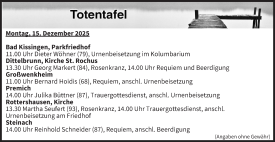 Anzeige von Totentafel vom 15.12.2025 von MGO
