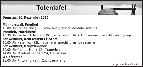 Anzeige von Totentafel vom 16.12.2025 von MGO