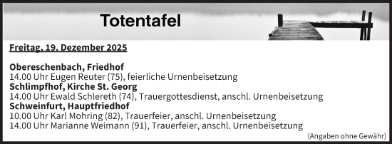 Anzeige von Totentafel vom 19.12.2025 von MGO