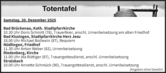 Anzeige von Totentafel vom 20.12.2025 von MGO