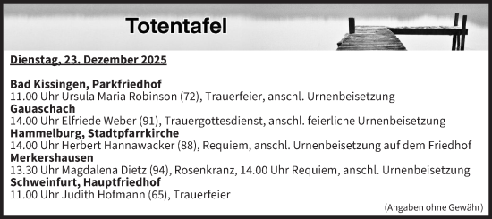 Anzeige von Totentafel vom 23.12.2025 von MGO