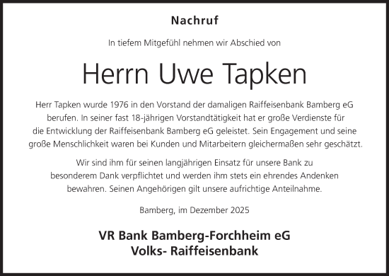 Anzeige von Uwe Tapken von MGO