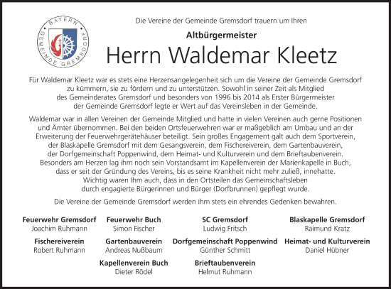 Anzeige von Waldemar Kleetz von MGO