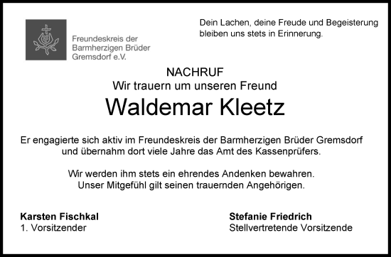 Anzeige von Waldemar Kleetz von MGO